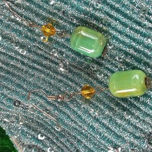 Chinese Jade Water Bead Earring With Chrystal Bead Accent on Fishhook Wire